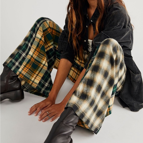Free People Studded Mixed Plaid Wide-Leg Pants - Picture 4 of 5
